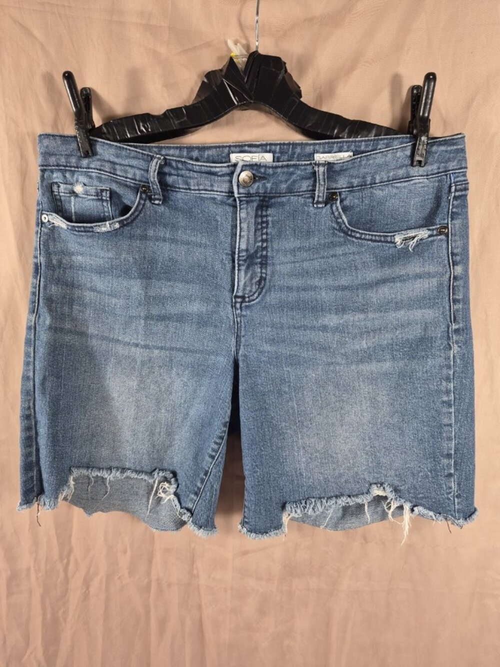 Sofia Gabriela Women's Blue Denim Distressed Hem Bermuda Summer Shorts Size 12